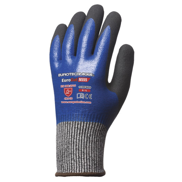 Waterproof, anti-cut, gripping gloves with nitrile coating