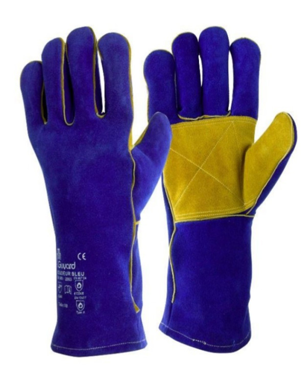Gant de soudeur bleu en croûte de bovin – 35 cm de protection
