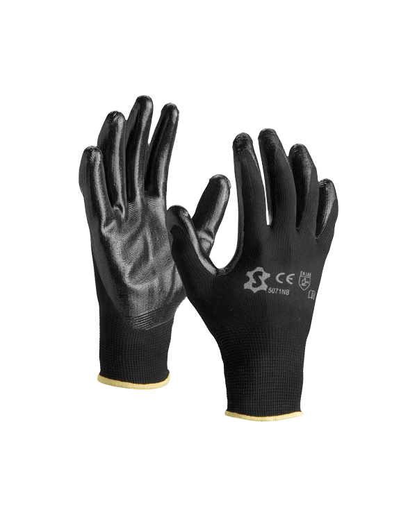 Nitrile‑coated black nylon gloves for material handling — HD Soudage