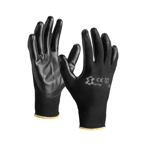 Nitrile‑coated black nylon gloves for material handling — HD Soudage