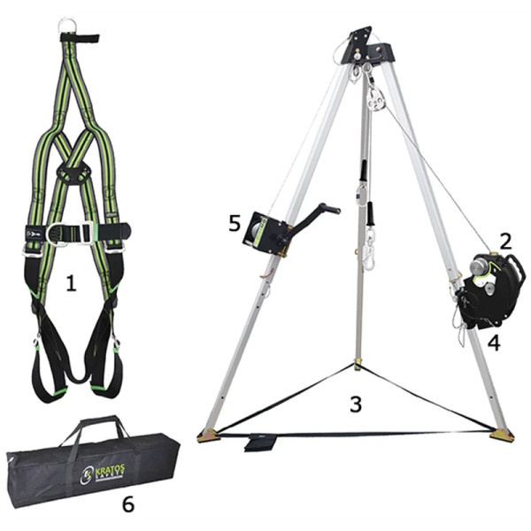 Kit pour espaces confinés avec harnais, antichute et treuil
