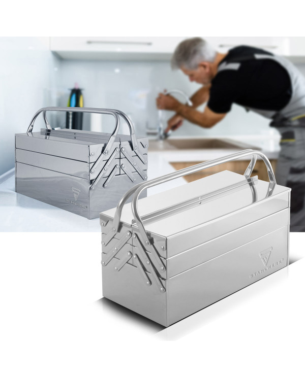 Boîte à outils en acier inoxydable avec 5 compartiments latéraux