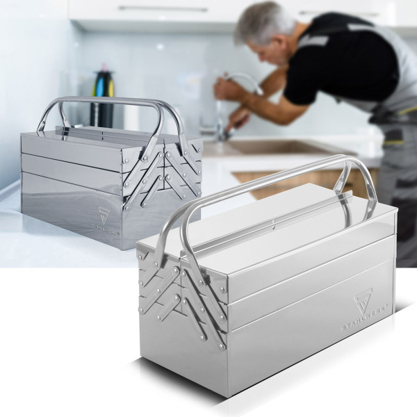 Boîte à outils en acier inoxydable avec 5 compartiments latéraux